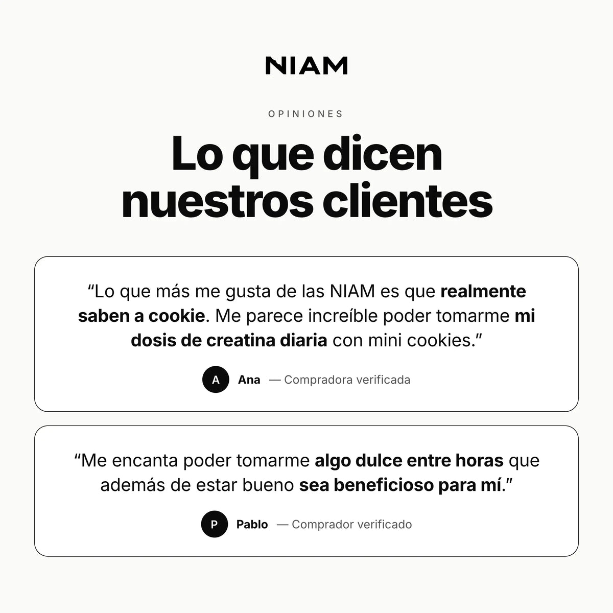 Opiniones de clientes de NIAM: Ana y Pablo, compradores verificados.