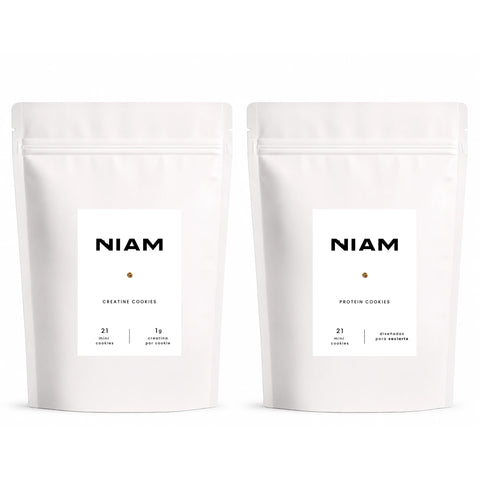 Pack de Prueba NIAM: 1 bolsa de NIAM Creatine y 1 bolsa de NIAM Protein (42 mini cookies en total)