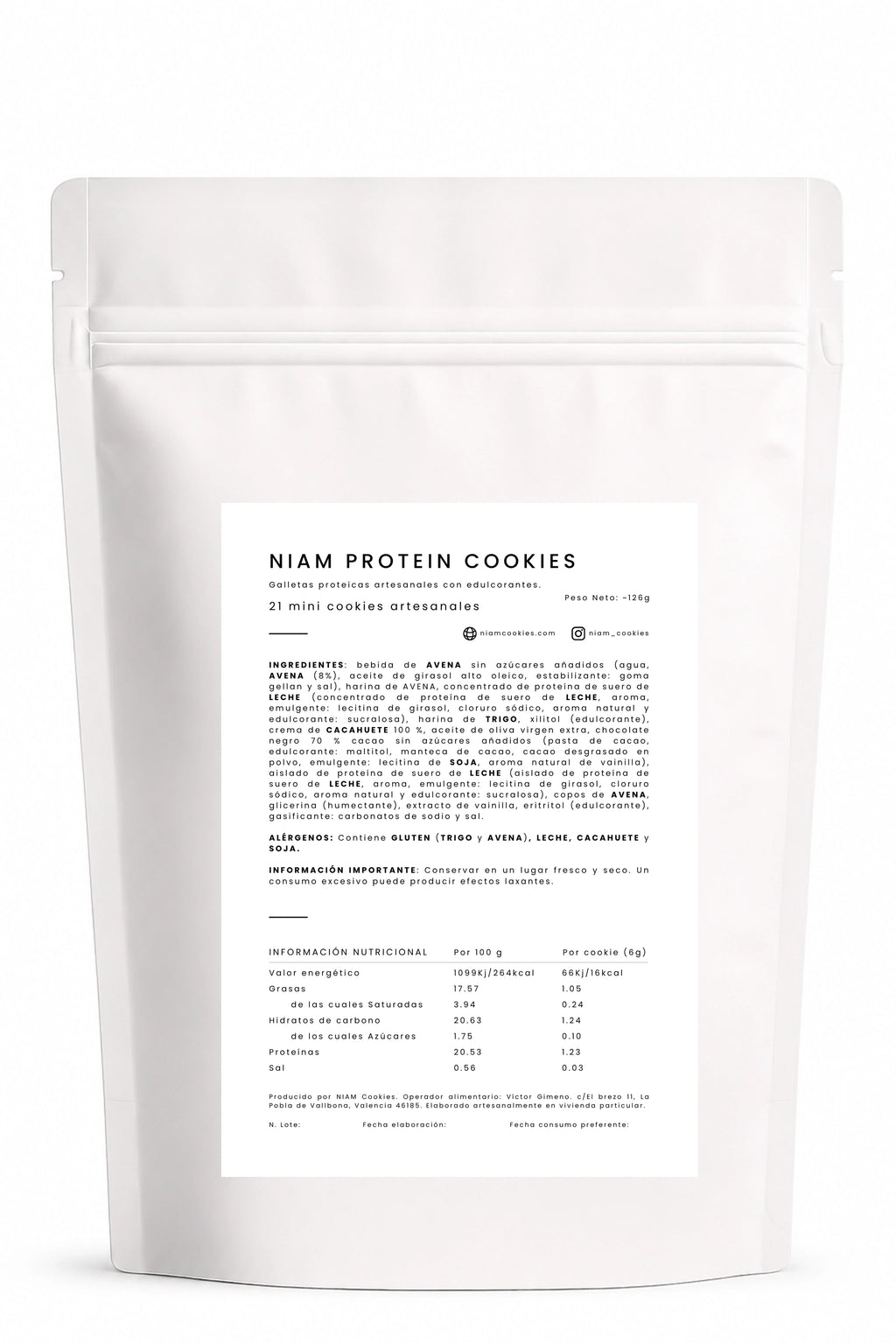 Parte trasera de la bolsa de NIAM Protein con la etiqueta: ingredientes, alérgenos e información nutricional.